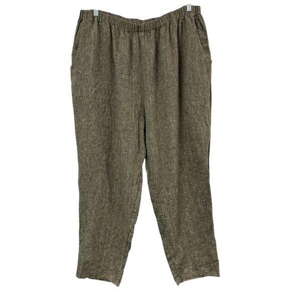 Flax Jeanne Engelhart Brown Green Pull On Lagenlook Pants 100% Linen 3G 24/26 - Picture 1 of 4